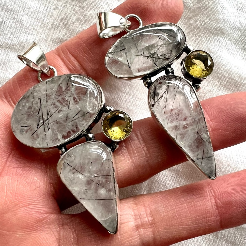925 Stunning! Tourmalated Quartz Black Tourmaline + Citrine Pendant Necklace